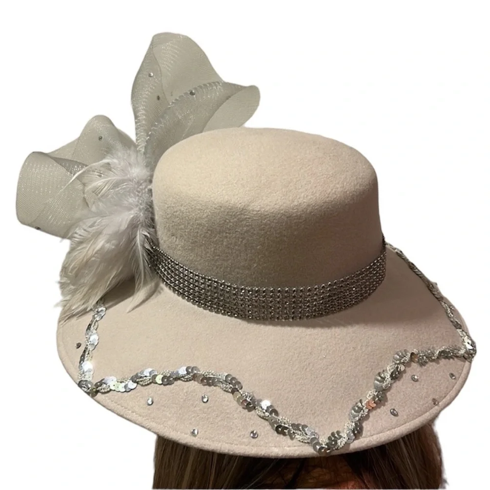 Vintage Donna Vinci Couture | Wool Church‎ Hat Light Beige Sequins Mesh Feathers